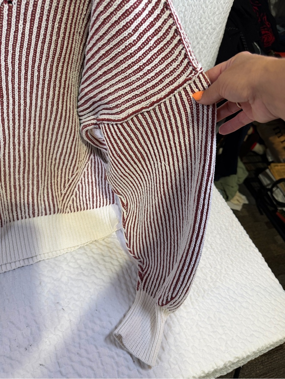 aerie Cream and Burgundy Striped V-Neck Sweater - Picture 3 of 5